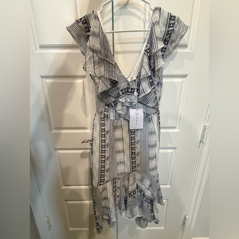 Wayf Black and White Striped Ruffle Midi Dress